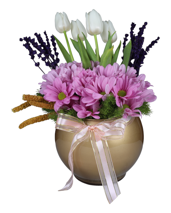 Fanusta Beyaz Laleler Ve Papatyalar