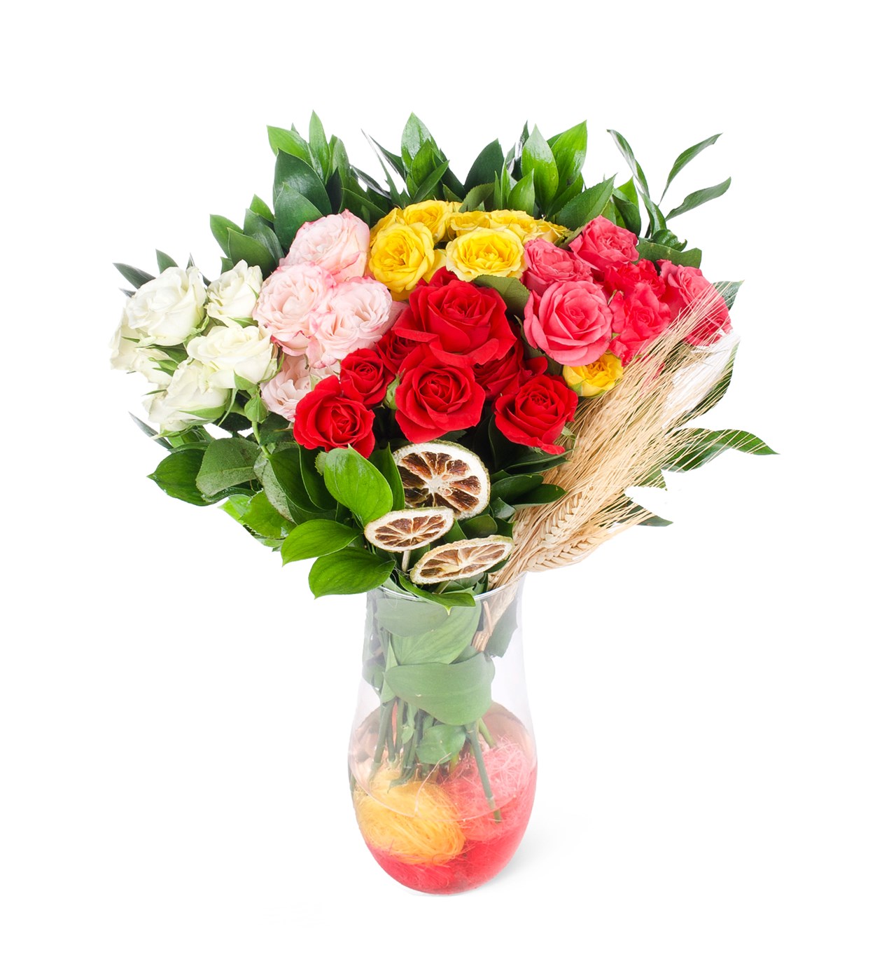 Cam Vazoda Karışık Renkli Çardak Güller