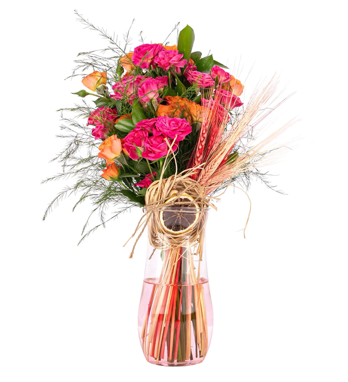 Cam Vazoda Turuncu Pembe Çardak Güller