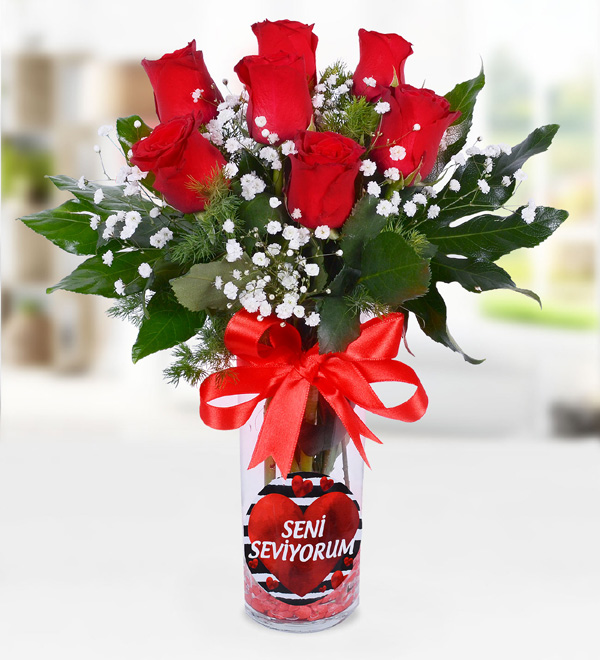 Flüt Vazoda 7 Kırmızı Gül