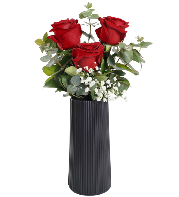 Siyah Vazoda 3 Kırmızı Gül